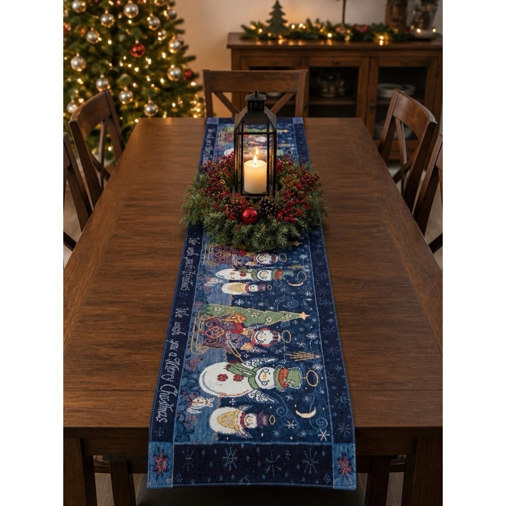 Table Runner Christmas Blue Woven Tapestry Snowman Holiday Decor 72 Inch
